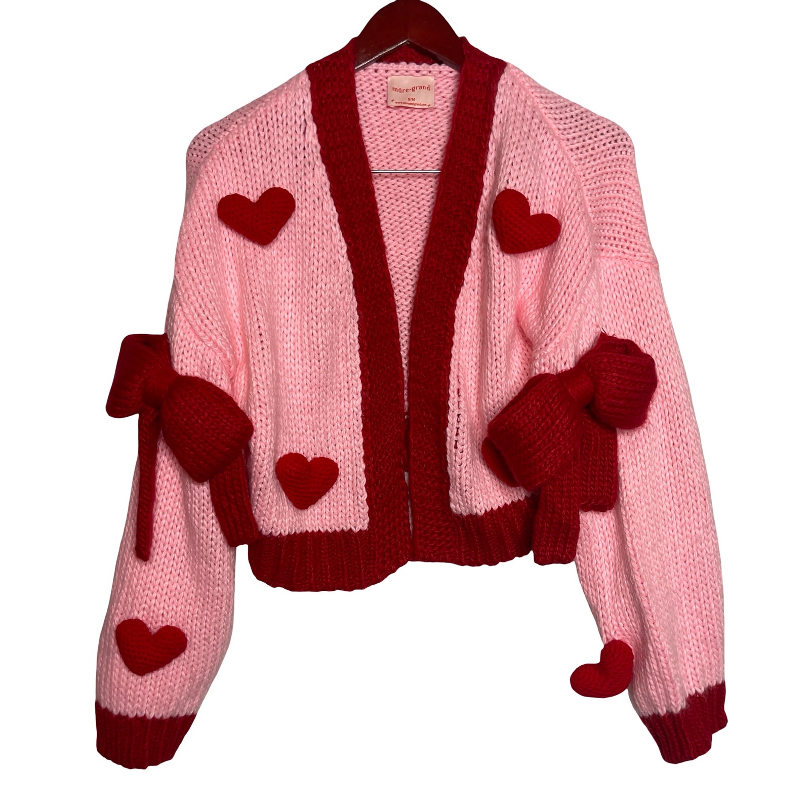 Mure + Grand Pink Red Follow Your Heart Puff Open Cardigan S/M — image 3 of 7